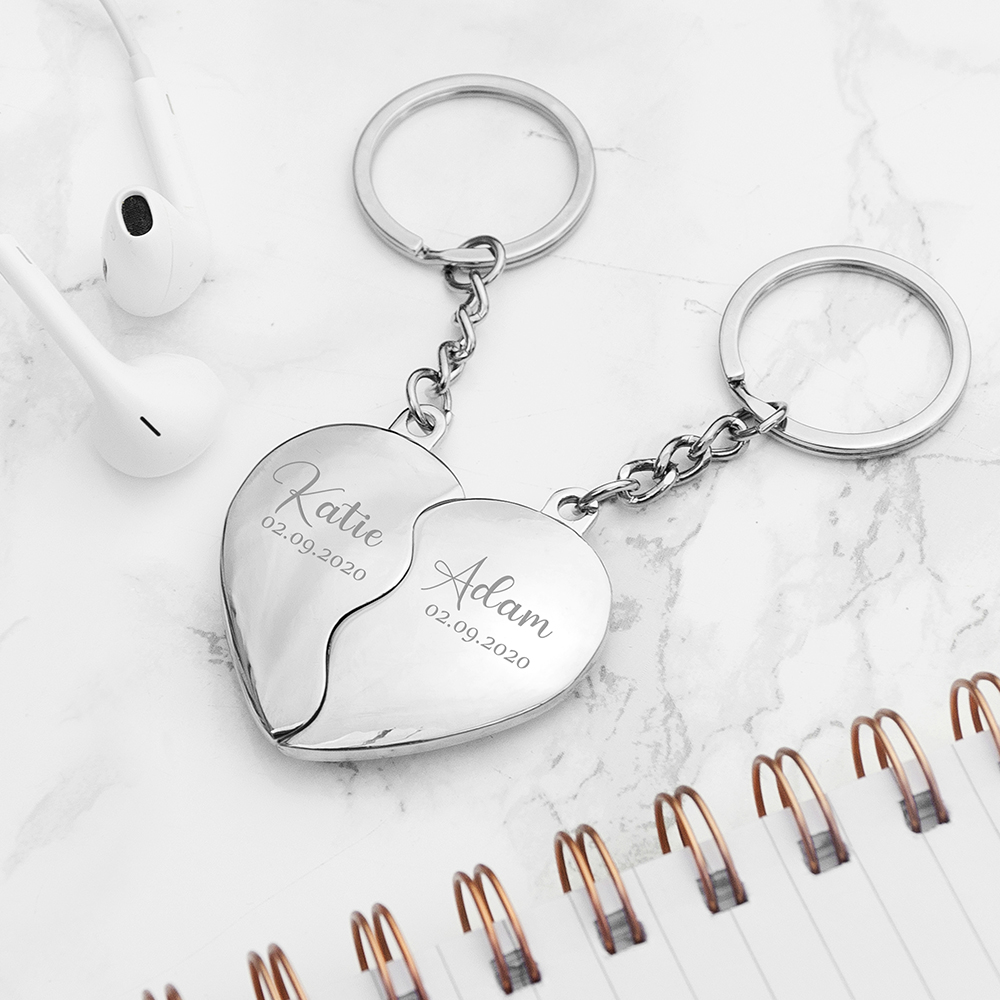 Wedding Day Engagement Anniversary Valentines Day Personalised Special Date Heart Keyring Set